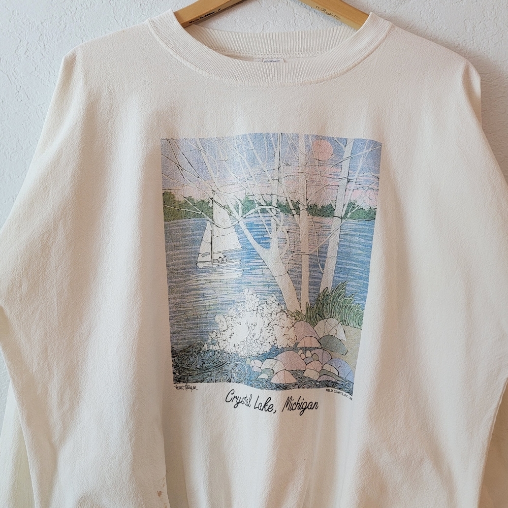 Vintage Michigan 90s 1990 Crystal Lake Soft Grunge Crew Neck Sweatshirt Thin M